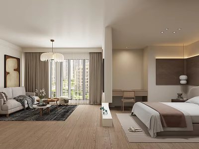 Modern Open Living Room Bedroom Space With Sofa Bed Wooden Floor Large Window And Chandelier 3d model