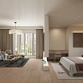 Modern Open Living Room Bedroom Space With Sofa Bed Wooden Floor Large Window And Chandelier