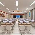 School Computer Classroom With Desks Computers Red Wall Posters And Circular Ceiling Lights 3d model