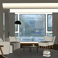 Modern Living Room with Sofa Armchair Coffee Table Area Rug Large Windows Scenic Outdoor View