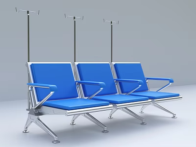 Blue Public Waiting Area Chairs With Metal Armrests Frames And IV Stands 3d model