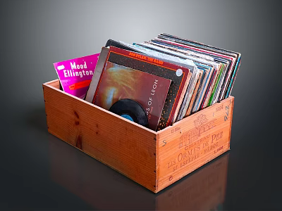 Wooden Box Filled With Various CDs Including Pink Music Elevation Disc And Colored Covers 3d model