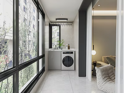 Functional Modern Balcony Laundry Area With Washing Machine Large Windows And Green Plants 3d model