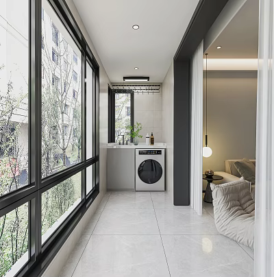 Functional Modern Balcony Laundry Area With Washing Machine Large Windows And Green Plants 3d model