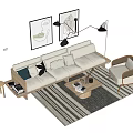 Modern White Sofa and Coffee Table Set with Accent Chair Striped Rug and Wall Art