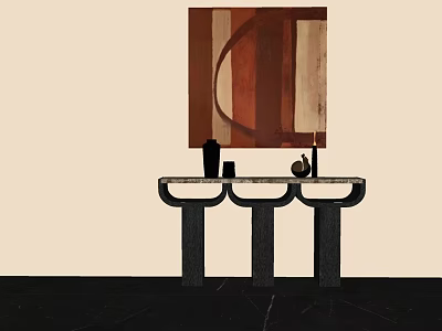 Modern Console Table With Abstract Painting And Decorative Items On Dark Floor 3d model