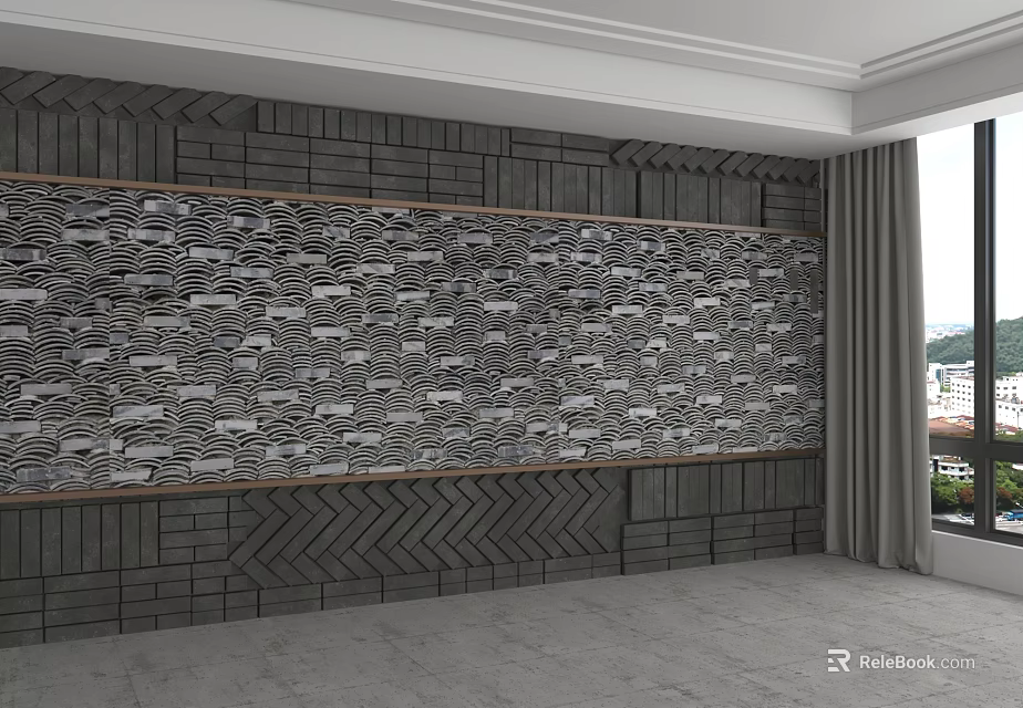 Modern Luxury Accent Wall With Wavy Pattern Wooden Frame And Ceramic Tiles 3d model 