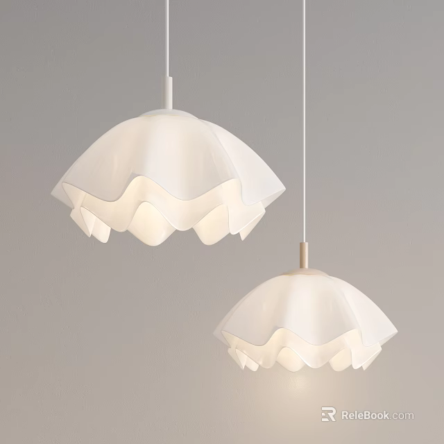 Two White Pendant Lights With Scalloped Shade Design Modern Minimalist Hanging Ceiling Lighting 3d model 