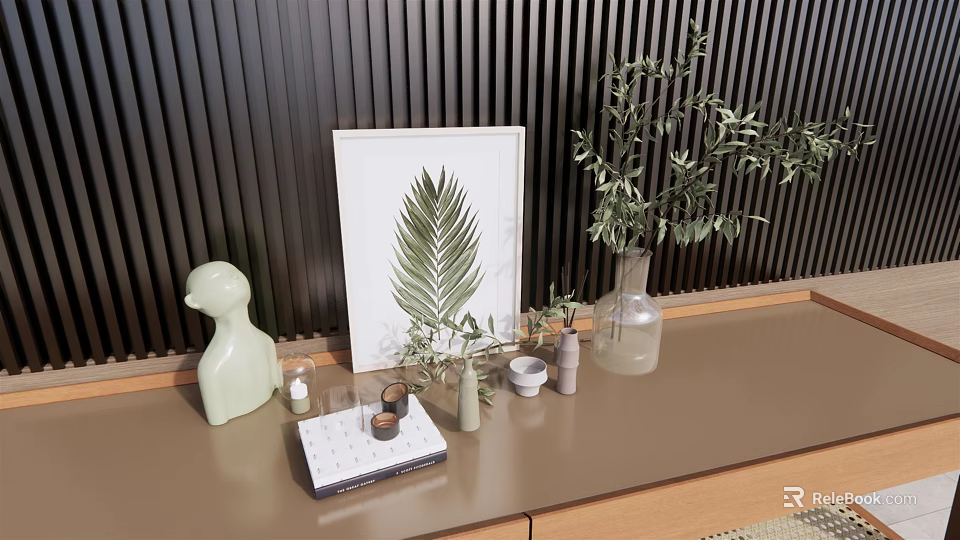 Decorative Ornament Set Featuring Fern Leaf Frame Green Duck Glass Vase Olive Branches Marble Tray 3d model 