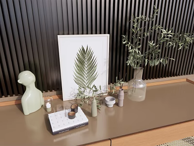 Decorative Ornament Set Featuring Fern Leaf Frame Green Duck Glass Vase Olive Branches Marble Tray 3d model