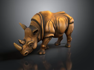 Handcrafted Wooden Rhino Sculpture With Intricate Carving Details And Artistic Design 3d model