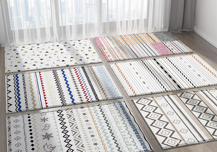 Diverse Square Rugs With Geometric Striped And Star Patterns For Home Decor 3d model