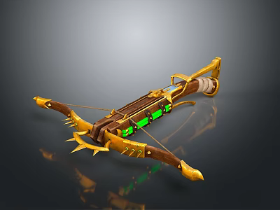 Golden Wooden Crossbow Weapon With Green Glowing Elements And Spiked Decorations 3d model