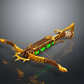 Golden Wooden Crossbow Weapon With Green Glowing Elements And Spiked Decorations