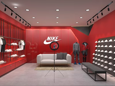 Nike Retail Store Interior With Red Walls Logo Clothing Shoes Display Racks And Sofa 3d model