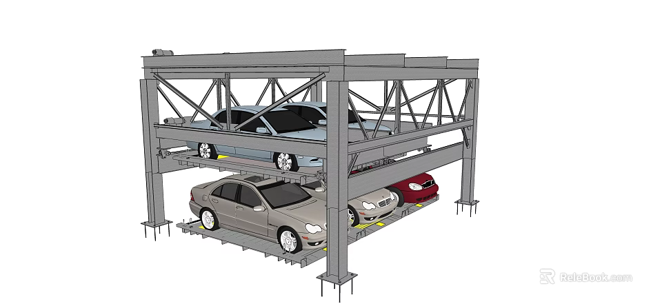 Multi Level Mechanical Parking Structure With Cars Parked On Different Floors 3d model