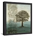 Two Panel Landscape Paintings with Single Tree Floral Pattern Background Dark Frame Soft Blue Green Tones 3d model