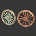 Pair of Vintage Wooden Wheels With Intricate Carved Spokes And Rustic Wood Texture
