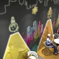 Modern Interior Design With Colorful Table And Chair Sets Neon Decorations And City Silhouettes