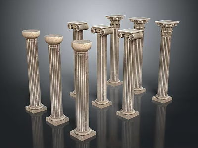 Ancient Roman Style Stone Columns With Intricate Carved Patterns Arranged On Dark Background 3d model