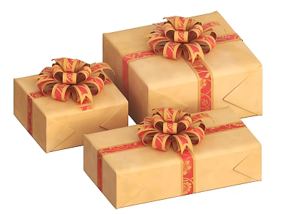 Decorative Ornament Set with Kraft Paper Gift Boxes Red Gold Ribbons and Bows 3d model