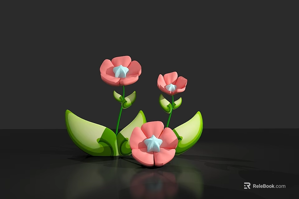 3D Model Pink Flowers With Green Leaves On Black Background With Reflection 3d model 