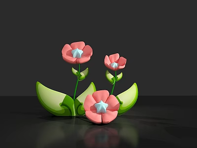 3D Model Pink Flowers With Green Leaves On Black Background With Reflection 3d model