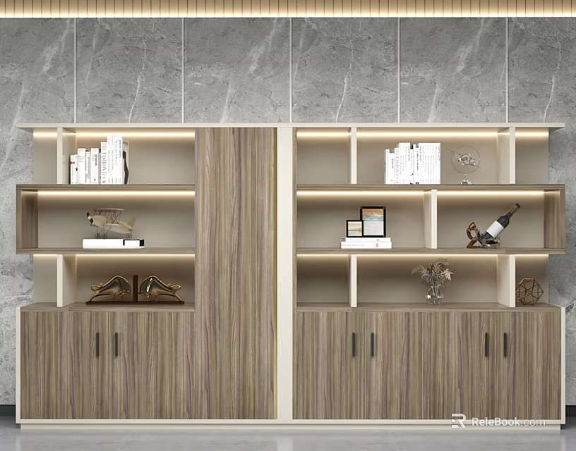 Elegant Modern Bookcase With Open Shelves Books Decorative Items And Lighting 3d model 
