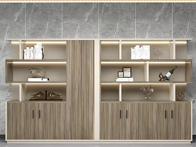 Elegant Modern Bookcase With Open Shelves Books Decorative Items And Lighting 3d model