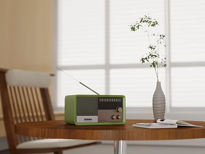 Vintage Green Radio On Wooden Table With Vase Plant And Window Blinds 3d model