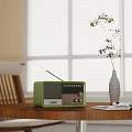 Vintage Green Radio On Wooden Table With Vase Plant And Window Blinds