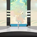 Stage With LOGO Landscape Projection Person Curved Structures And Lighting