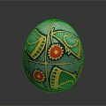 Decorative Hand Painted Egg With Blue Green Base Yellow Fish Motifs And Red Flowers