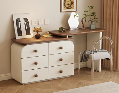Dresser with White Drawers Wooden Top Table Lamp Green Plant and Chair with Gray Blanket 3d model