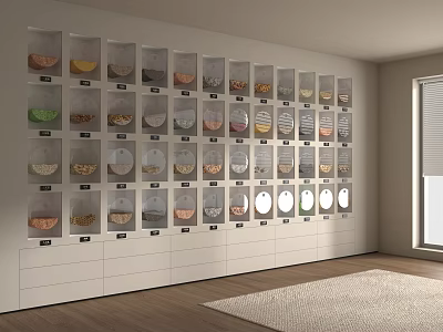 Wall Mounted Display Shelves with Transparent Jars Storing Various Dry Goods Neatly Arranged 3d model