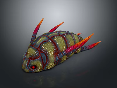 Vibrant Fantasy Creature With Green Body Red Stripes Orange Spikes And Red Eyes 3d model