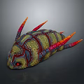 Vibrant Fantasy Creature With Green Body Red Stripes Orange Spikes And Red Eyes