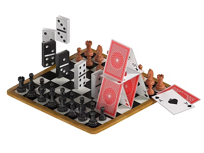 Board Game Entertainment With Chessboard Chess Pieces Dominoes And Playing Cards 3d model
