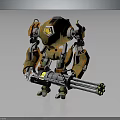 Orange Mechanical Robot Character Holding Multi Barrel Gun With Yellow Accents