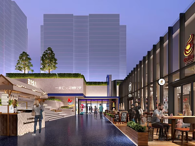 Vibrant Modern Commercial Street With Outdoor Seating Greenery Shops And Evening Pedestrians 3d model