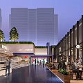 Vibrant Modern Commercial Street With Outdoor Seating Greenery Shops And Evening Pedestrians