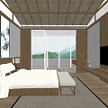Modern Hotel Guest Room With Wooden Walls Sofa Coffee Table And Mountain View Through Windows