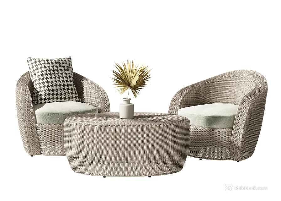 Wicker Chair and Round Table Set with Light Cushions Checkered Pillow and Potted Plant 3d model 
