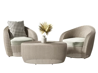 Wicker Chair and Round Table Set with Light Cushions Checkered Pillow and Potted Plant 3d model