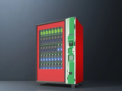 Red And Green Refrigerated Vending Machine With Transparent Door And Various Bottled Drinks 3d model