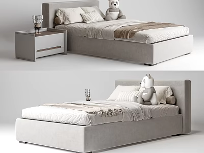 Modern Upholstered Gray Single Bed With Nightstand Pillows And Stuffed Bear 3d model