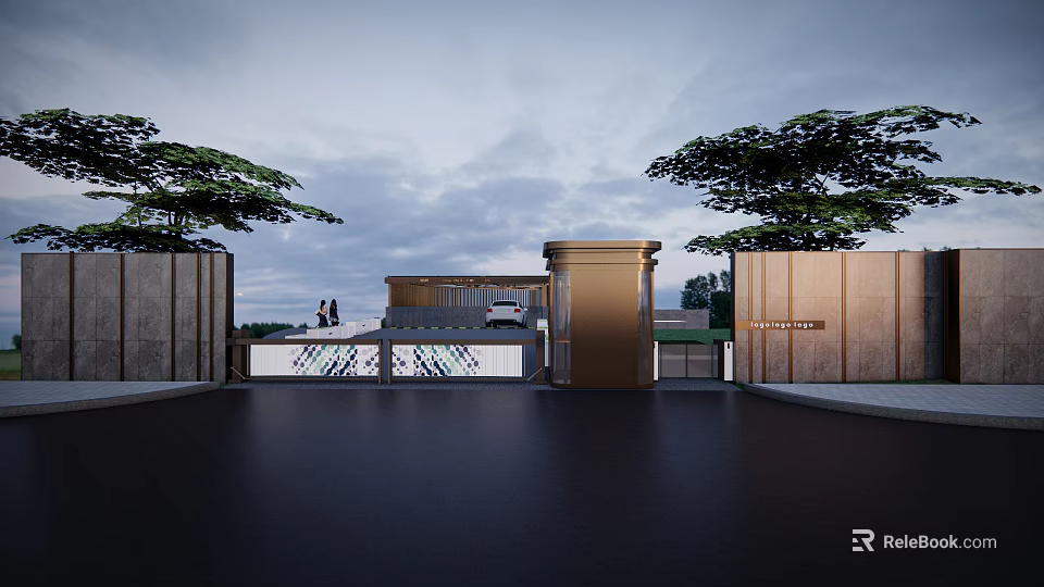 Modern Luxury Villa Entrance With Elegant Gate And Driveway Surrounded By Green Trees 3d model 