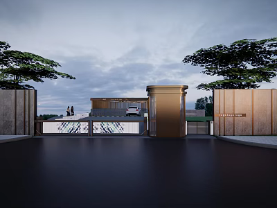Modern Luxury Villa Entrance With Elegant Gate And Driveway Surrounded By Green Trees 3d model