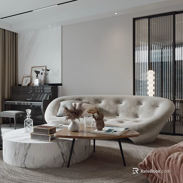 Elegant Modern Living Room Interior With Beige Curved Sofa Marble Coffee Table And Decorative Vases 3d model 