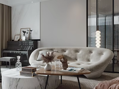 Elegant Modern Living Room Interior With Beige Curved Sofa Marble Coffee Table And Decorative Vases 3d model